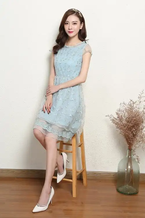 **烫2016夏装新款女装原创气质复古修身绣花网纱连衣裙 .