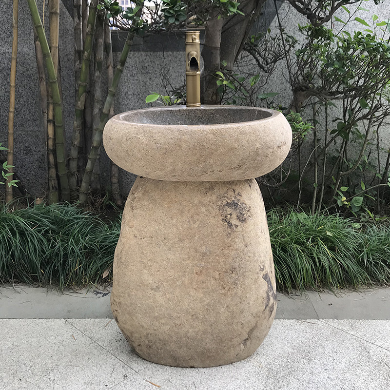 户外石头洗手盆一体原石洗脸盆庭院天然石立柱盆花园别墅水池室外