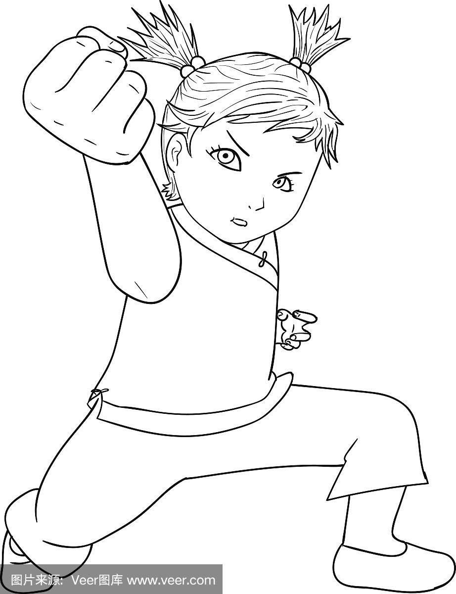 中国功夫,儿童,矢量,女孩,线条画