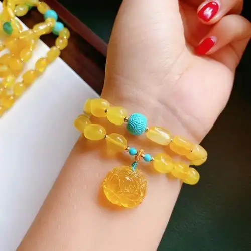天然蜜蜡随形手链鸡油黄蜜蜡两圈手串搭配蜜蜡牡丹花原创手链
