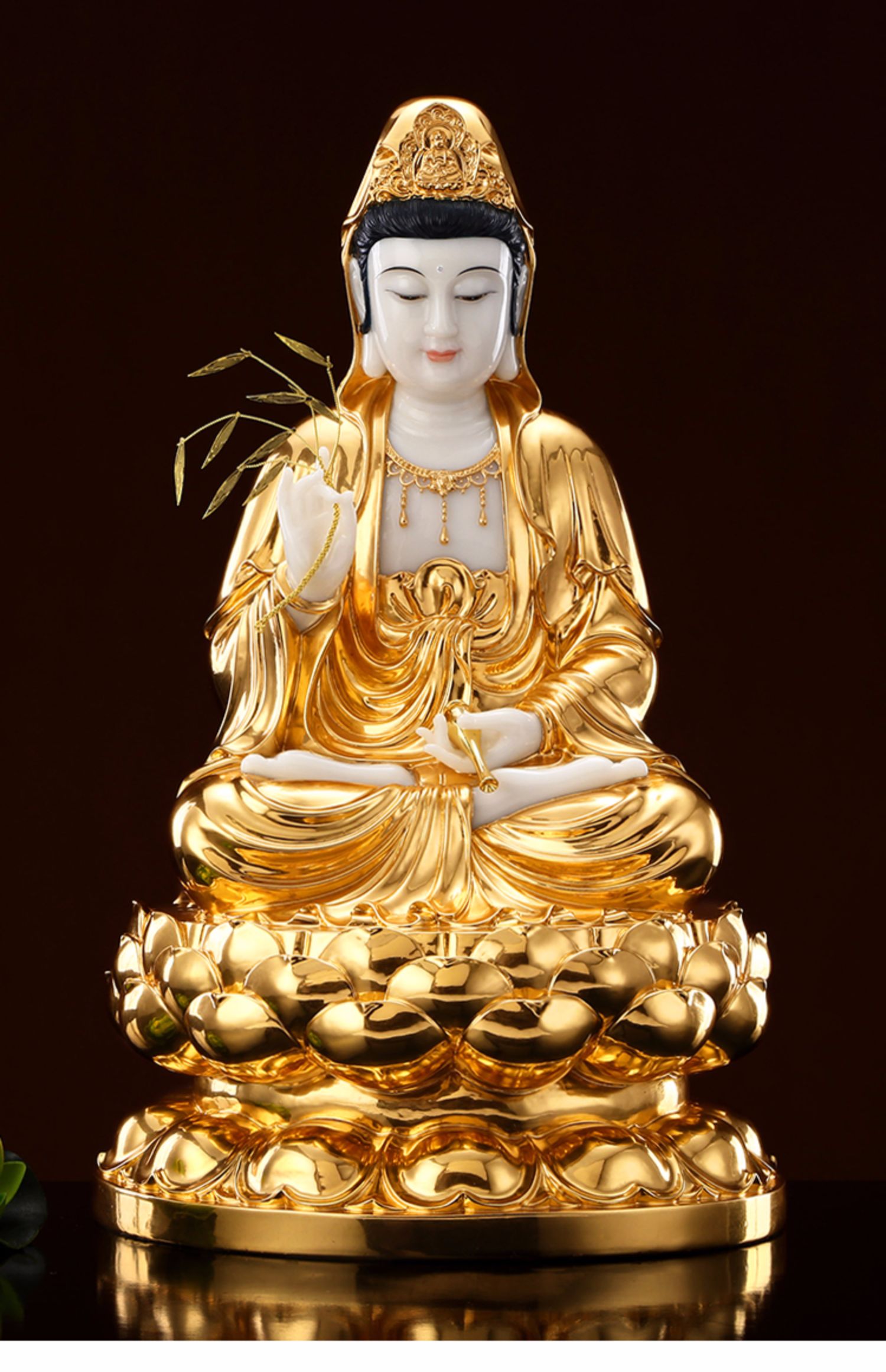 汉白玉石雕金镶玉观音佛像观世音南海坐莲观音家用客厅工艺摆件 12寸