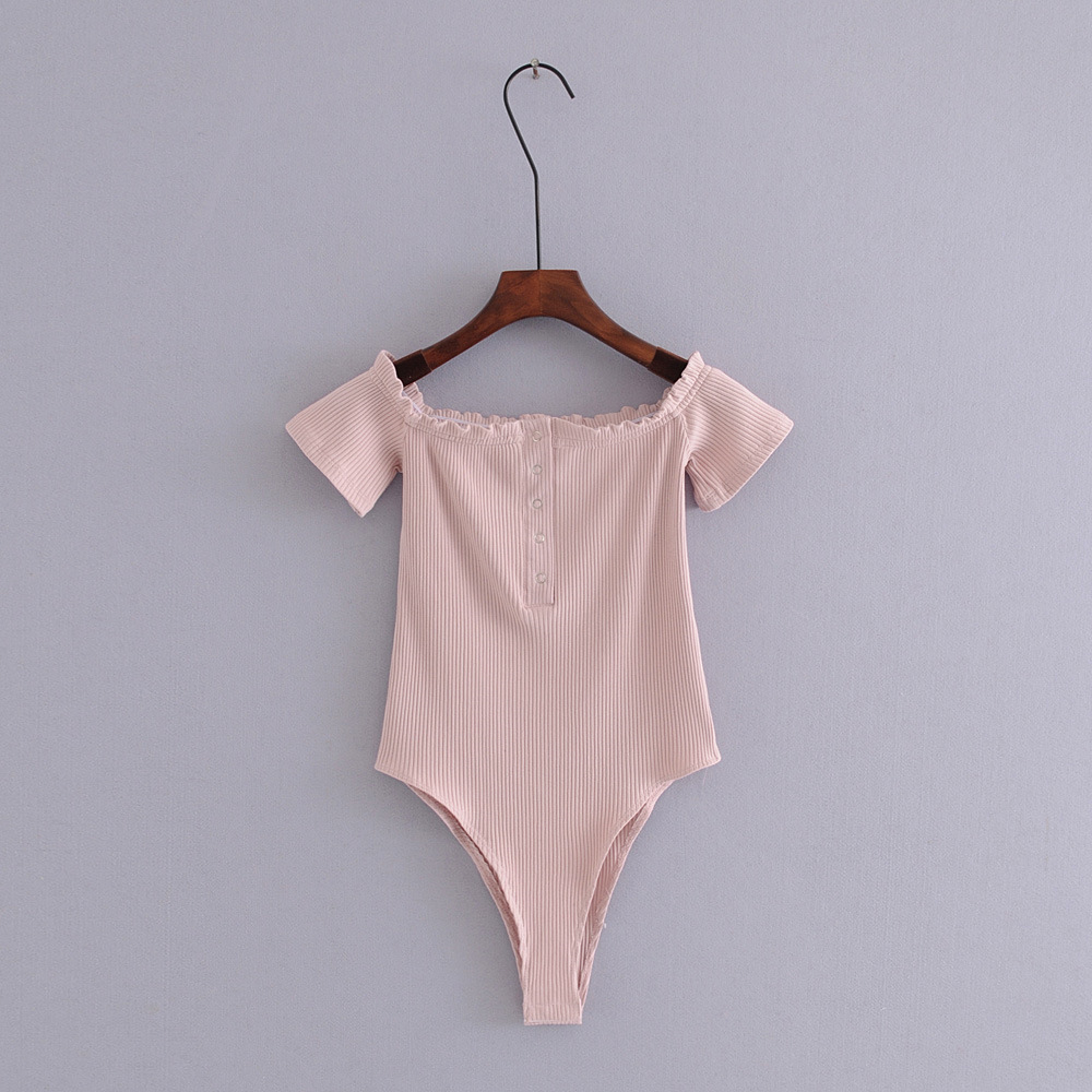 厂家直销18新款欧美性感修身弹力一字领前开扣短袖连体衣女演出服