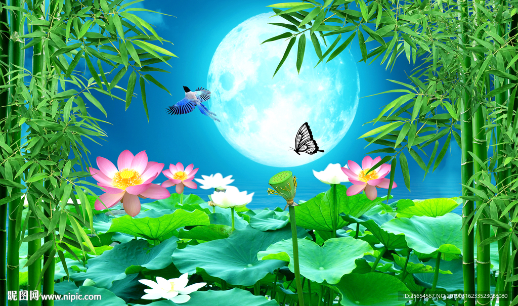 竹林荷花背景墙图片