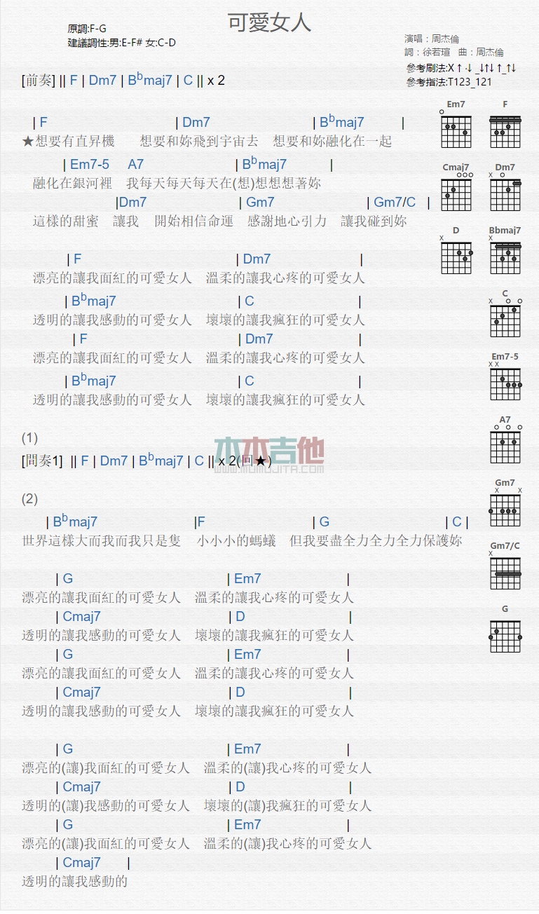 周杰伦《可爱女人》吉他谱-guitar music score - gtp吉他谱