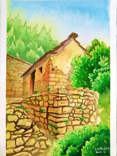 钢笔淡彩石屋小筑水彩风景附线稿步骤