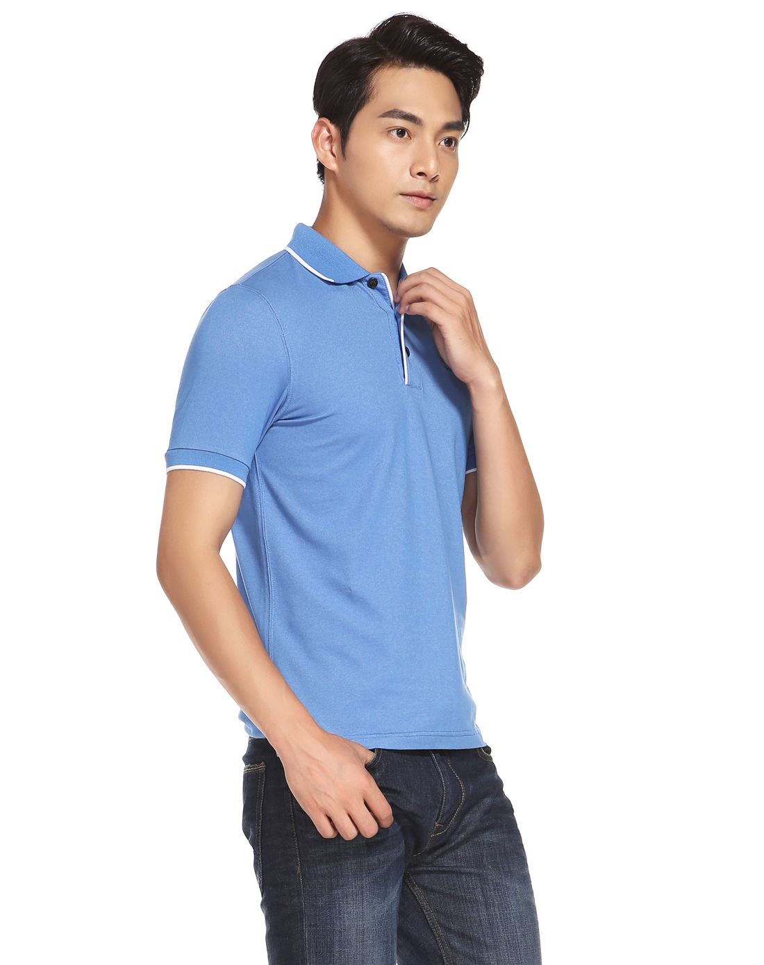 弹力抗紫外线 男款浅蓝色户外短袖polo衫