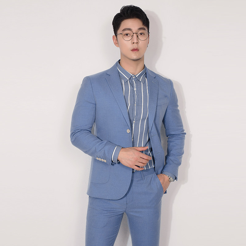 川泽男士浅蓝色西装件套新款韩版修身单排西服西服套装