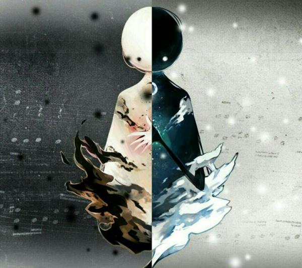 内容是一个人左边脸是天使,右边是魔鬼,或者左边是光明,右边是黑暗一