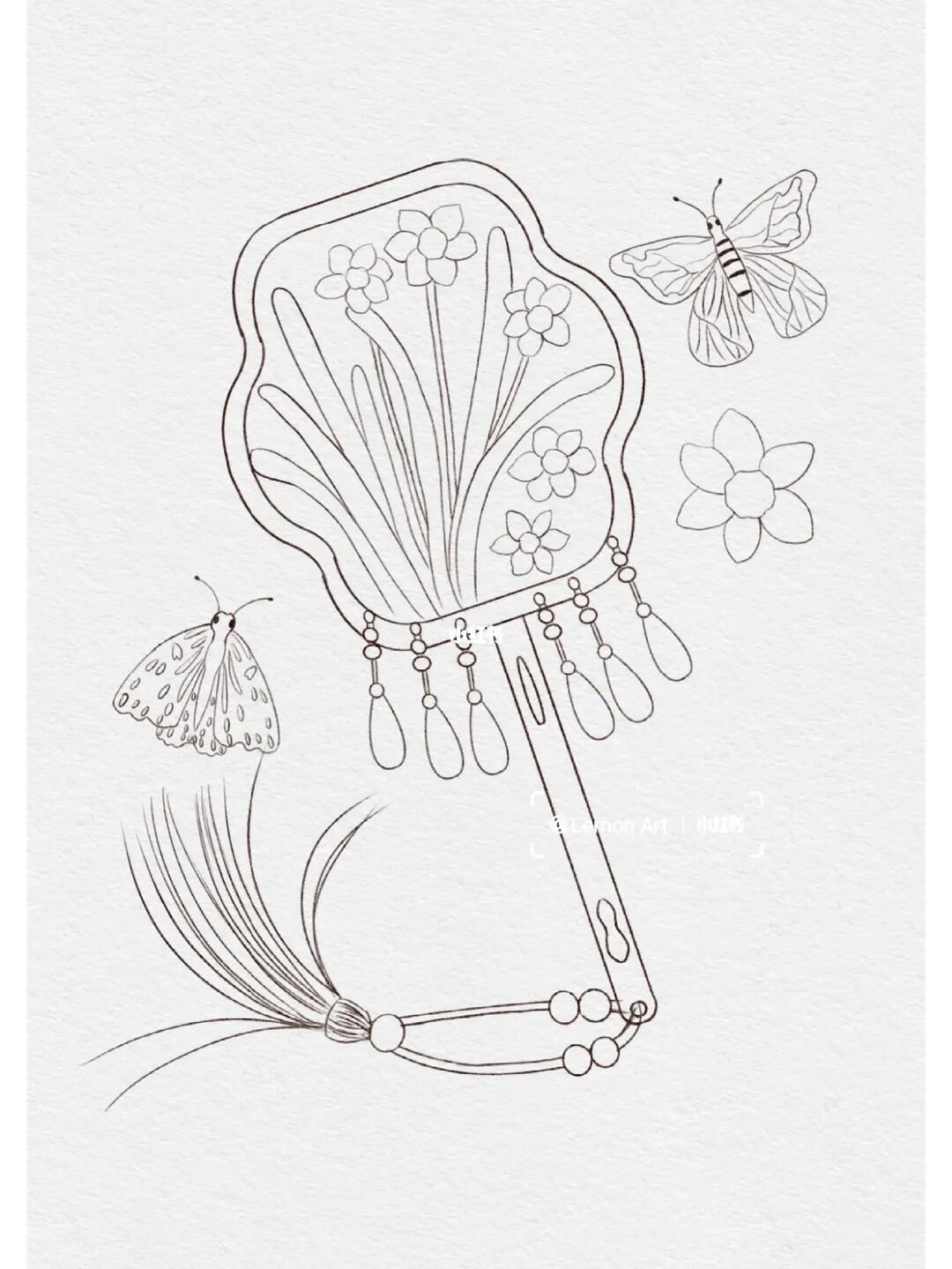 原创ipad水彩绘画|古风花卉团扇|附线稿