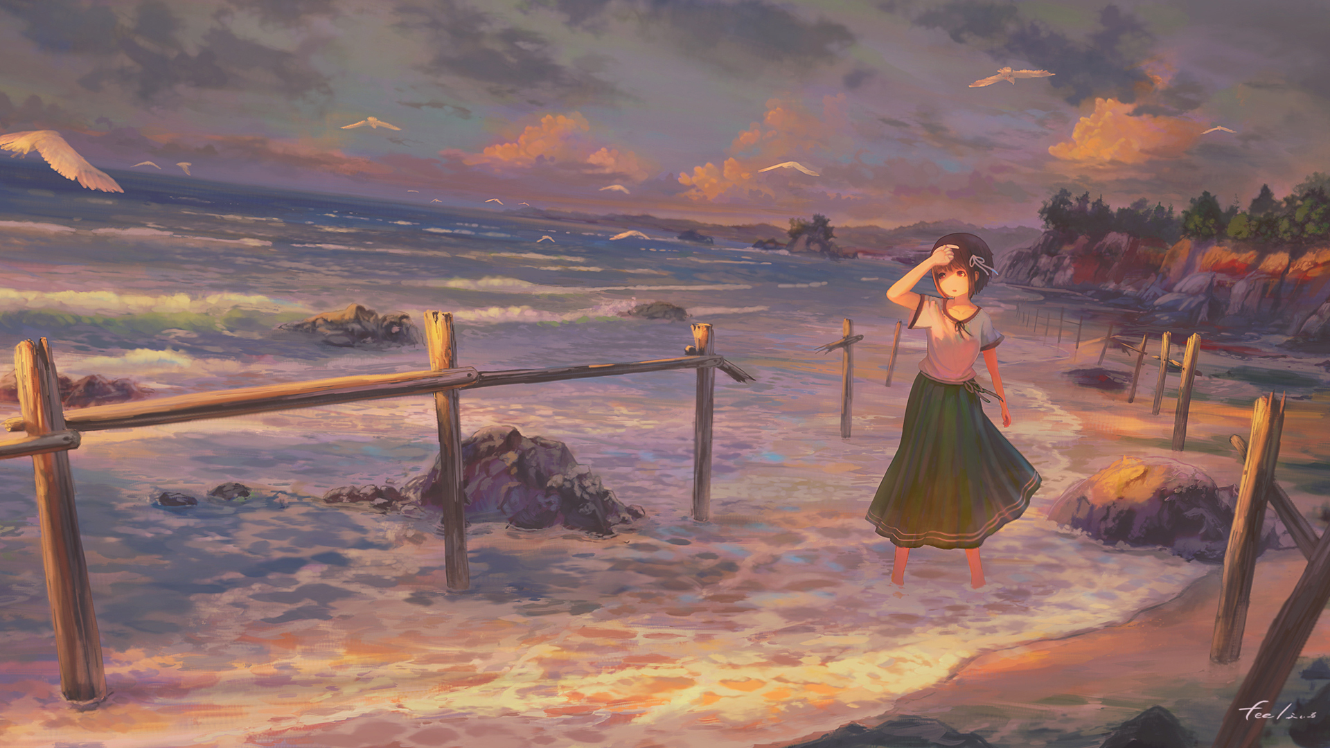 女孩子 海岸夕照风景风景壁纸图片_桌面壁纸图片_壁纸下载-元气壁纸