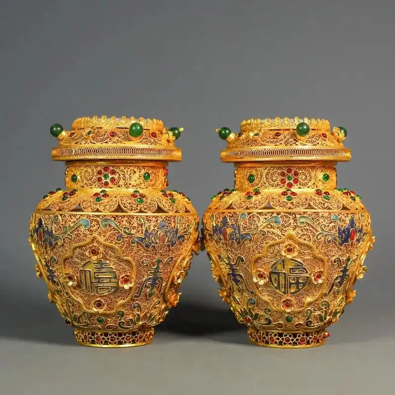 旧藏掐丝包金镶嵌和田玉罐子玉质细腻油润,做工精致,纯手工制 - 抖音