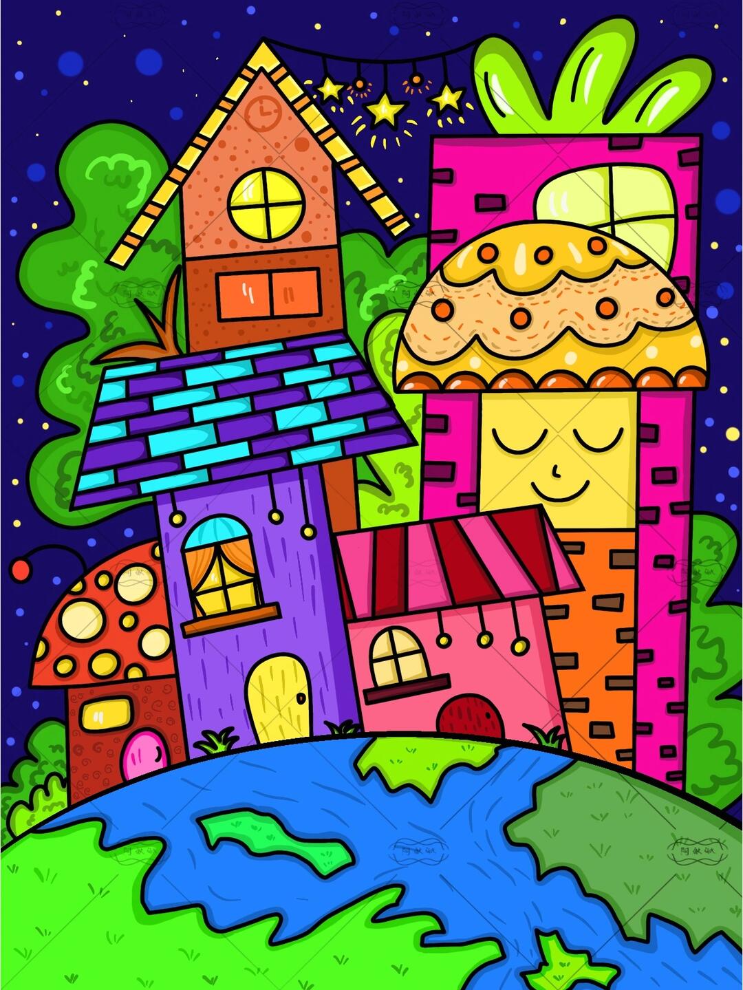 儿童画作品奇怪的房子ipad绘画712岁宝贝