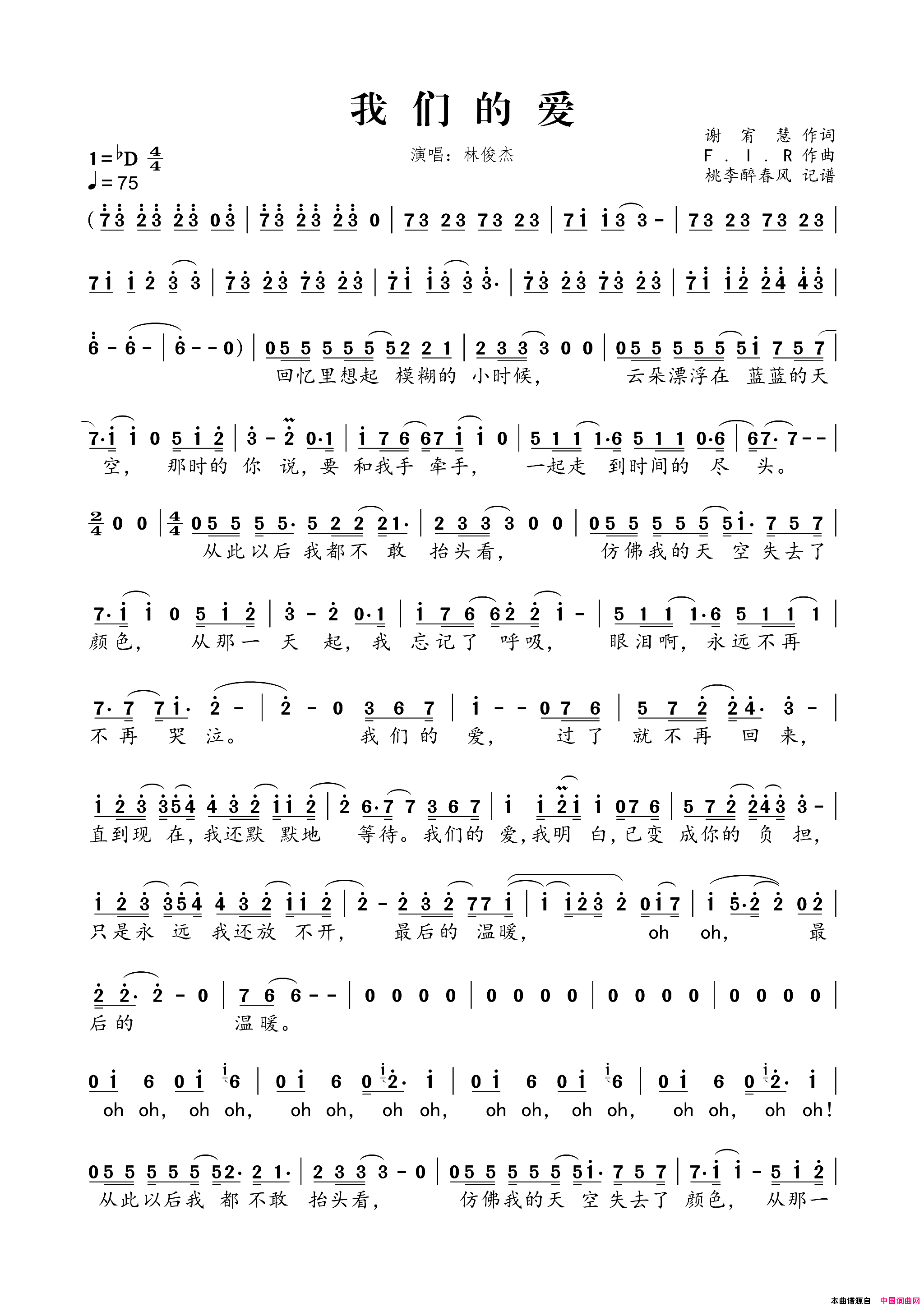 我们的爱简谱-林俊杰/fir-d调歌曲简谱