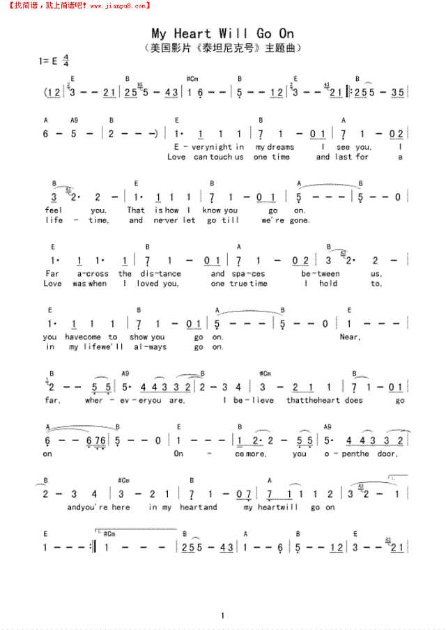 《美国影片《泰坦尼克号》主题曲》简谱