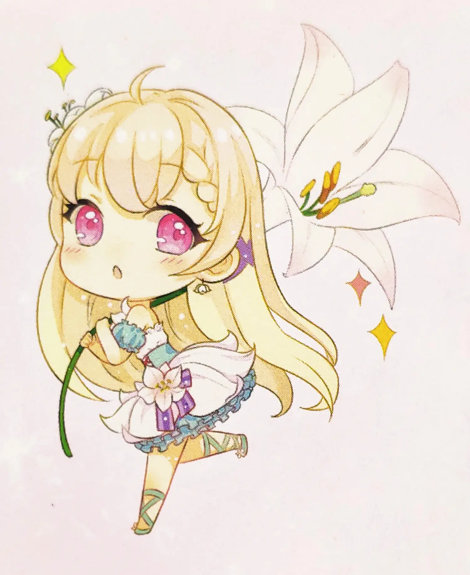 彩铅画涂色女孩和百合花q版