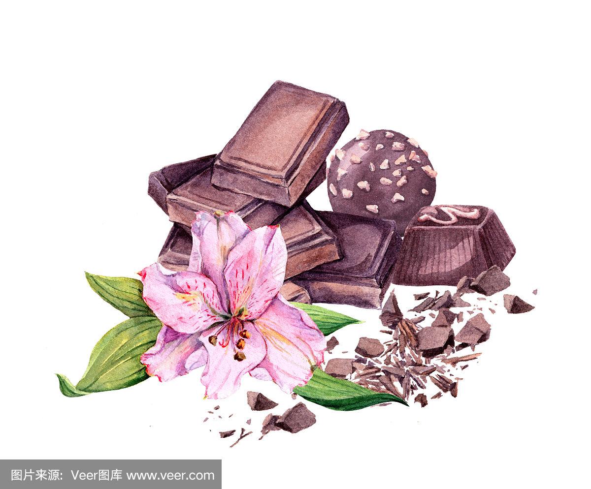 巧克力块,巧克力糖果和花.水彩