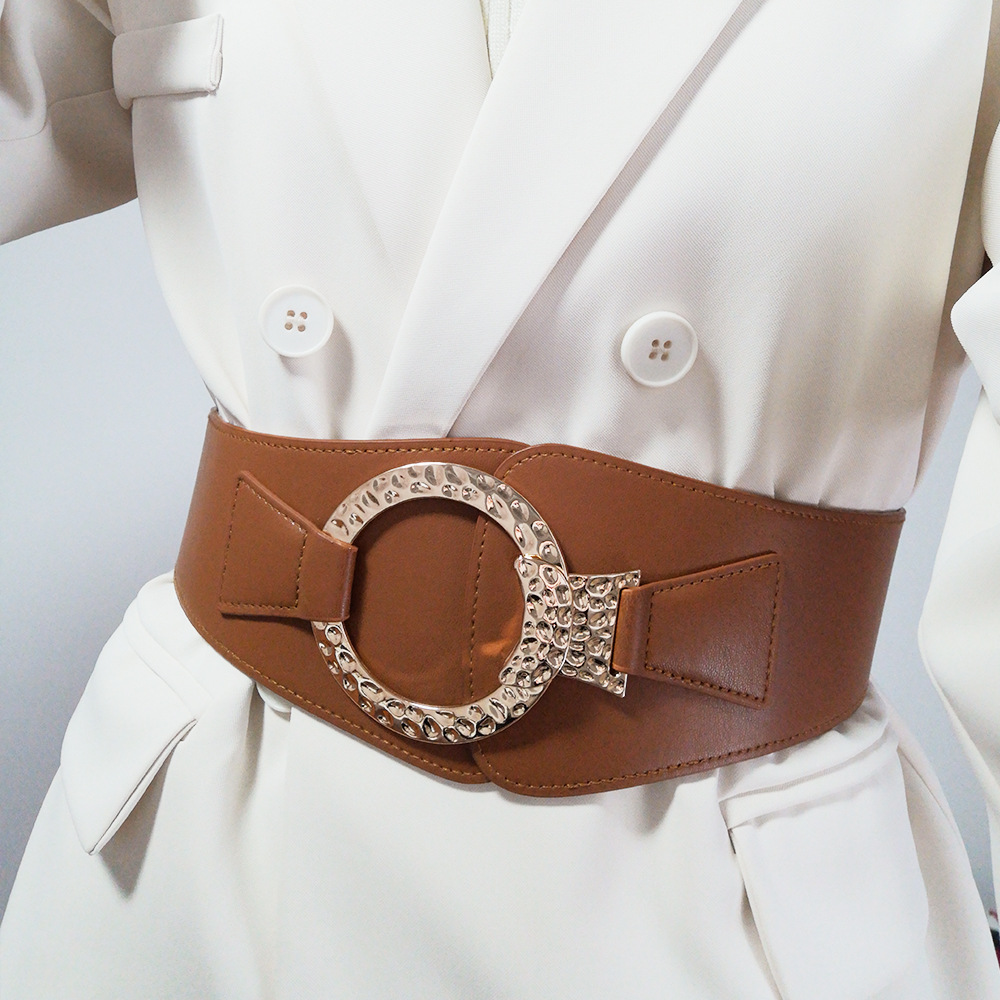 女士宽腰封百搭松紧宽腰带装饰西装外套成年金属圈设计黑色高弹力