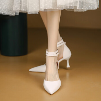 arshfe米白色高跟鞋女细跟法式一字扣带包头凉鞋中空时尚双绑带尖头单