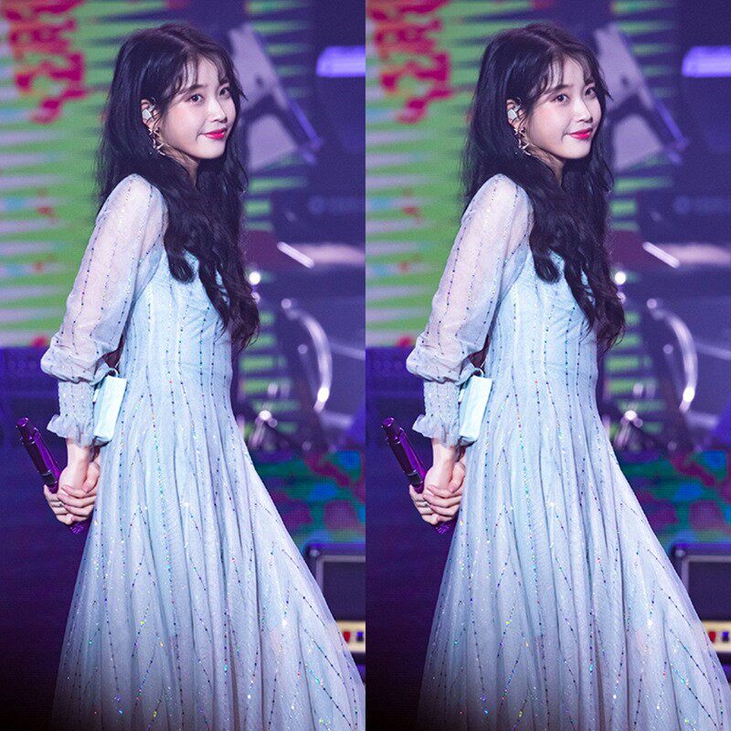 2020春秋新款iu李智恩演唱会同款亮片仙女裙子网纱内搭连衣裙女潮