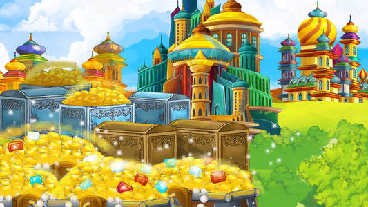 具有美丽中世纪城堡,远东王国插图的卡通场景照片