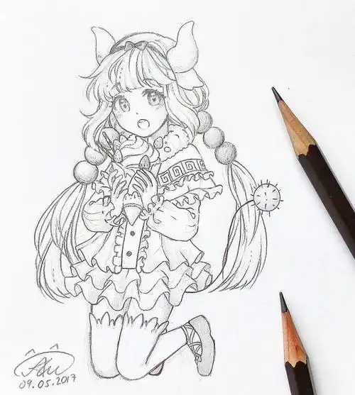 铅笔手绘,卡通动漫女孩线稿,细节处画的超精致