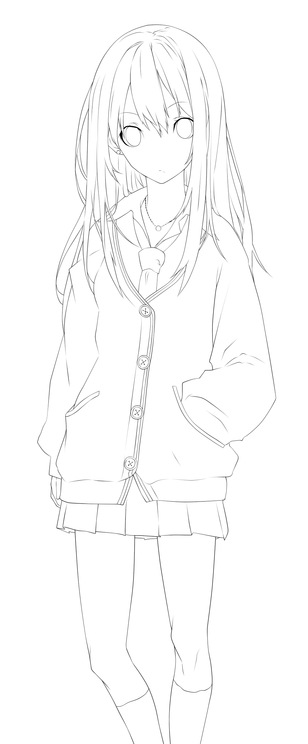 求动漫少女线稿,穿着校服的