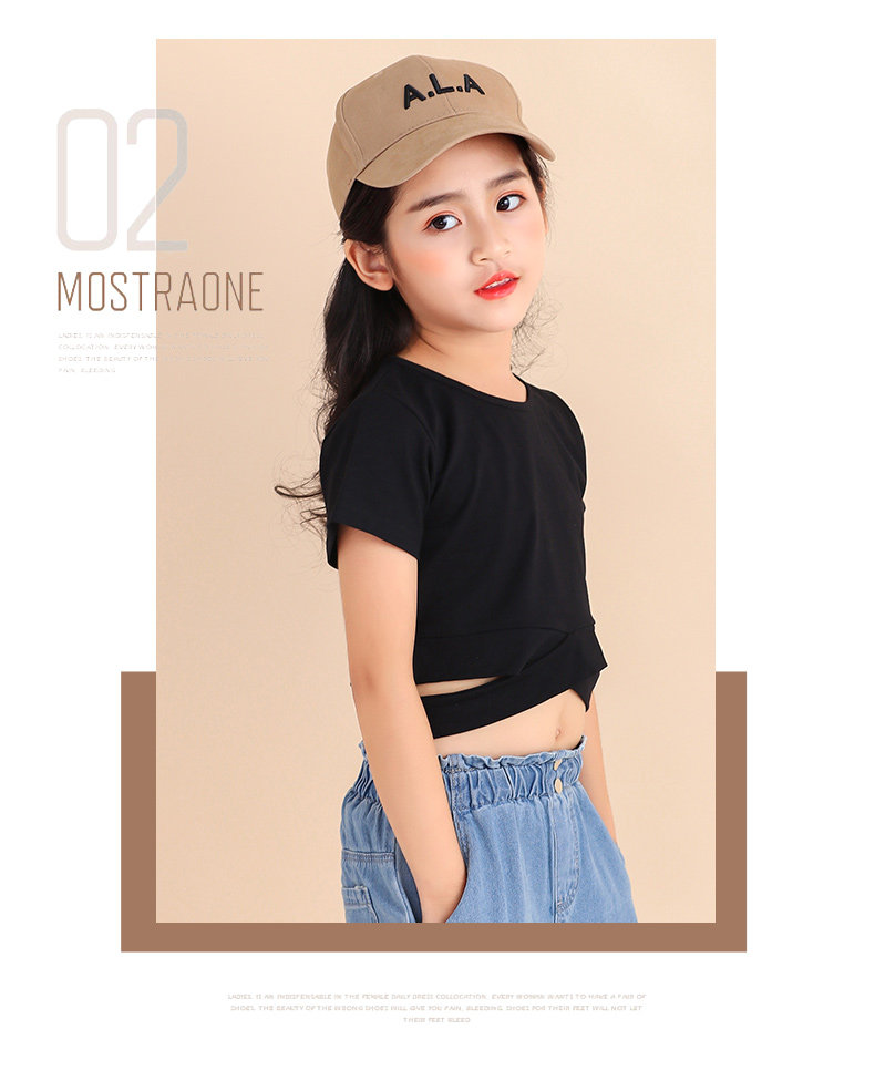 韩版女童t恤高腰短款露肚脐洋气洋气潮短上衣表演走秀炸街夏童装