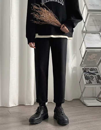 ins直筒裤男秋韩版潮流坠感西装裤宽松百搭九分裤男士休闲西裤黑色s