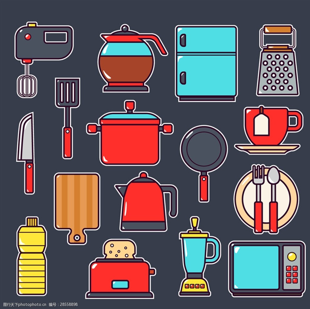 16款彩色厨房用品设计矢量图