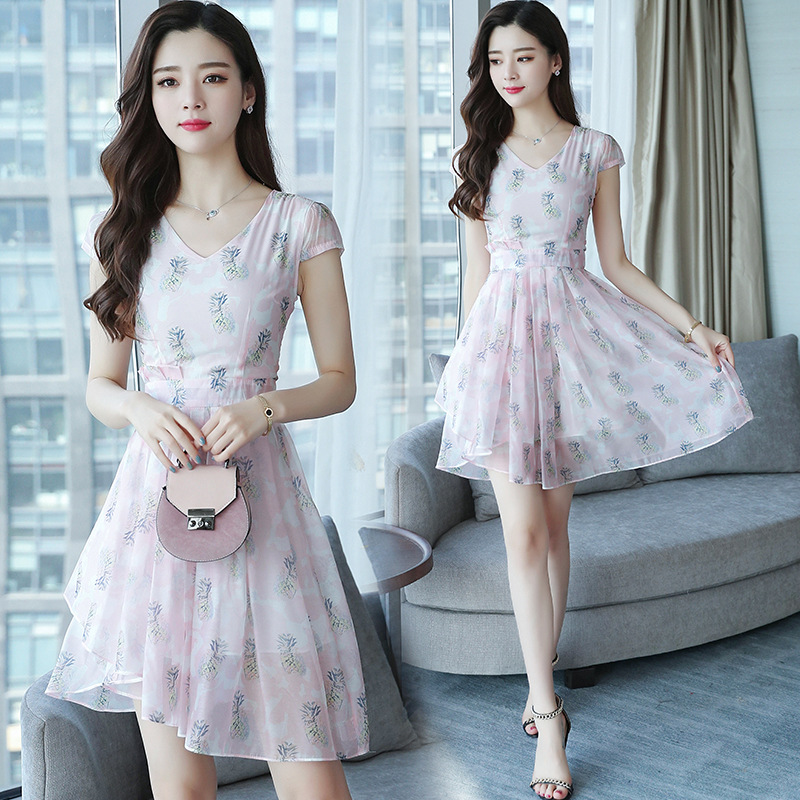 2019新款夏装短袖不规则雪纺裙子气质修身名媛时尚淑女潮流连衣裙