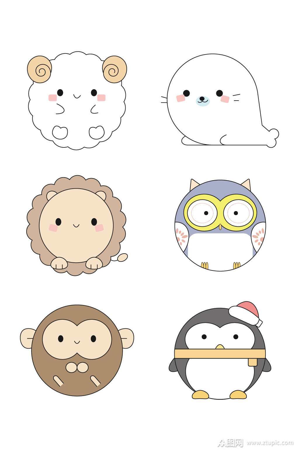 汤圆小动物手绘卡通素材