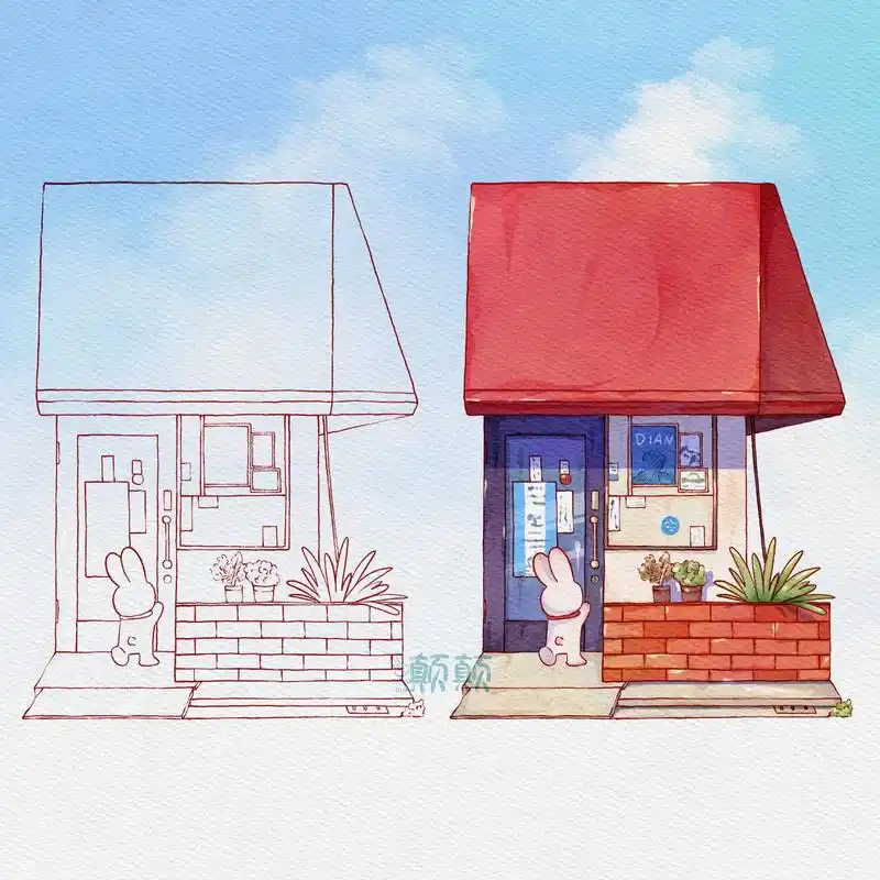 钢笔淡彩建筑过程图.更一个过程图#procreate绘画 # - 抖音