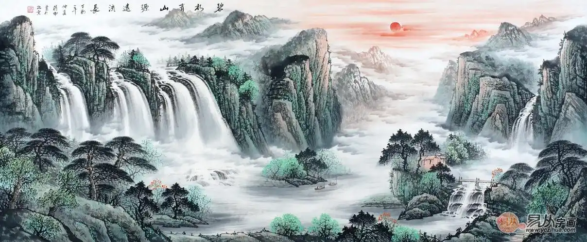 背景墙挂画必选 蒋伟山水画《碧水青山源远流长》