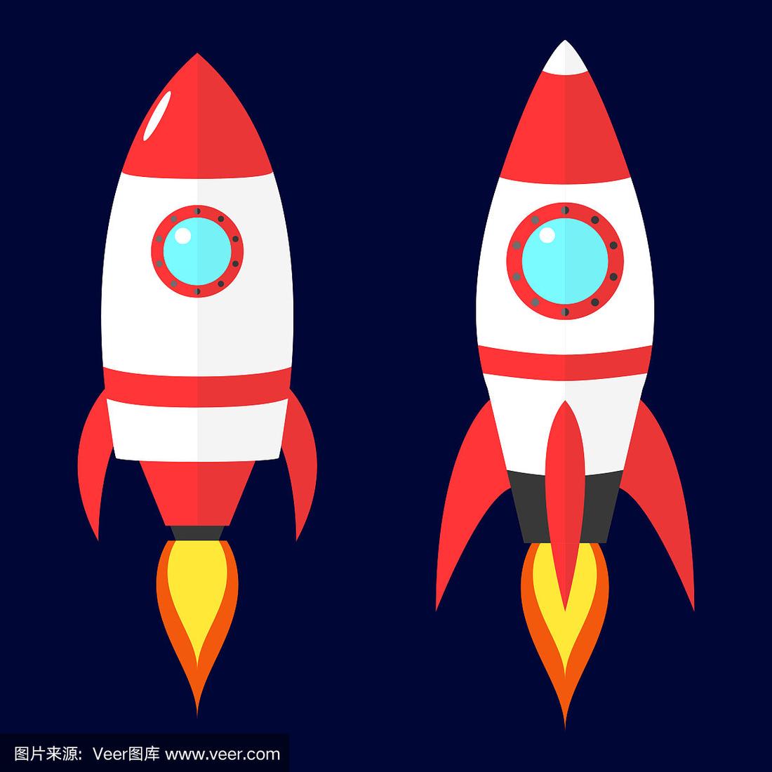 卡通矢量红色火箭在深蓝色的背景