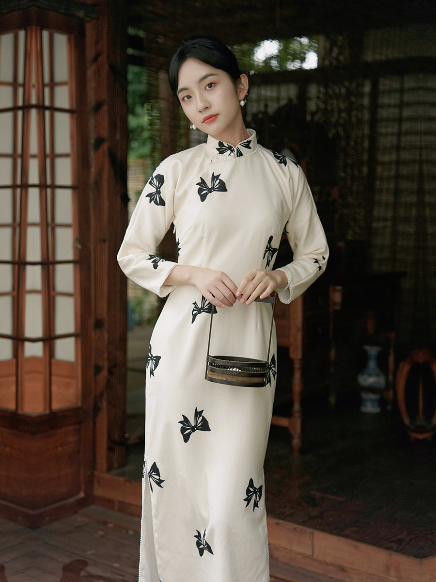 茉茉秋冬季八分连袖拉链珠链长款复古日常旗袍旗袍