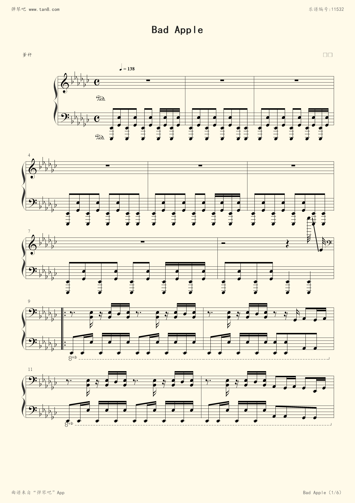 钢琴谱:bad apple