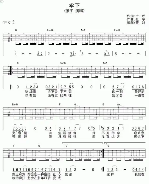 张宇《伞下》吉他谱 c调 扫弦版-简谱网