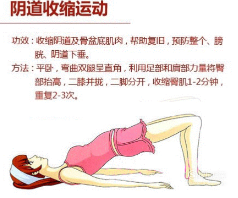 阴道收缩运动 保持平卧姿势,两腿弯曲至直角状,通过脚部及肩部力量