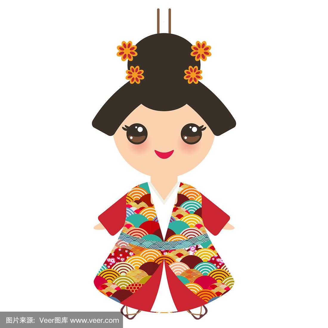 卡通,日本人,和服,儿童,矢量