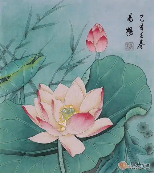 出淤泥而不染美女画家易杨工笔荷花小品画穷款