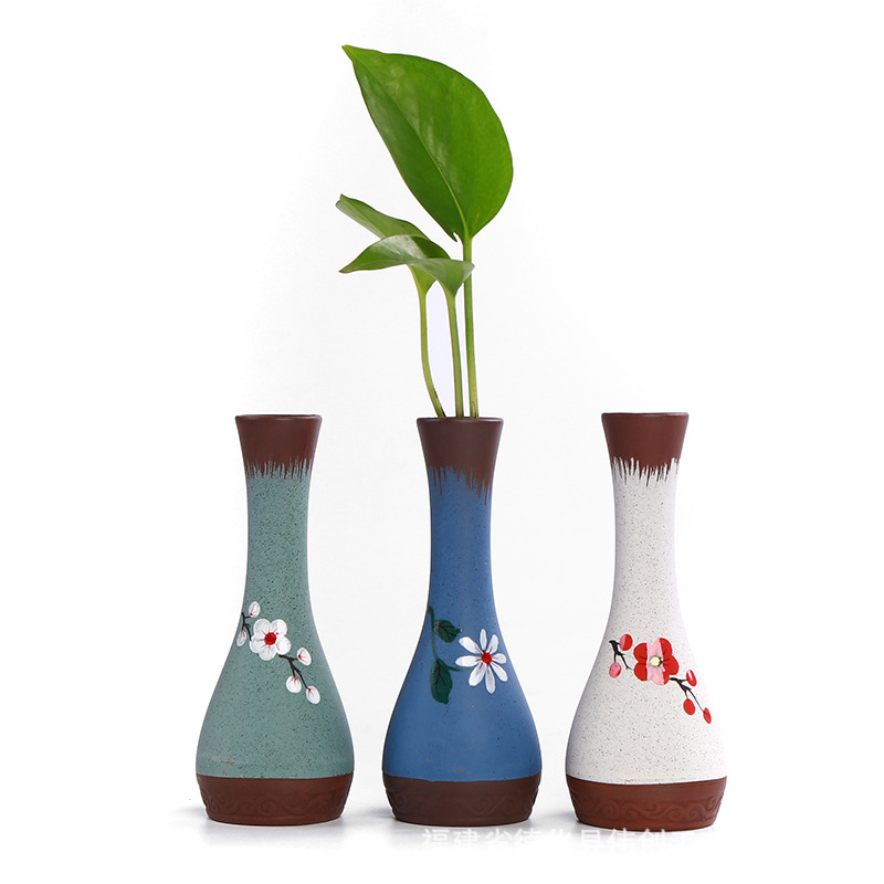 手绘梅菊紫砂粗陶小花瓶 创意陶瓷花插工艺家居摆件 礼品桌面摆件