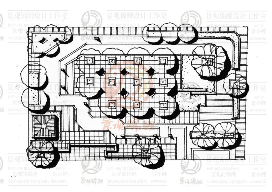 中间树阵广场为人群提供休闲洽谈的场地,南半部利用景墙,植物进行围合