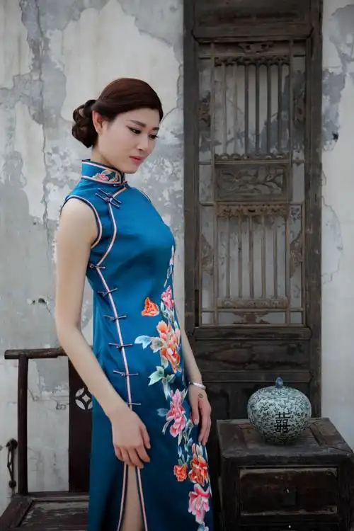 真丝旗袍2016新款桑蚕丝双层长款旗袍连衣裙 刺绣复古修身.