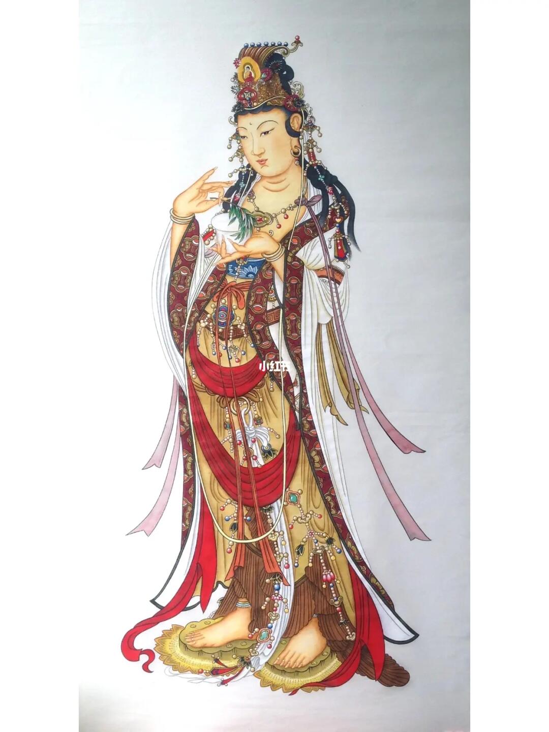 工笔彩绘的杨枝观音像