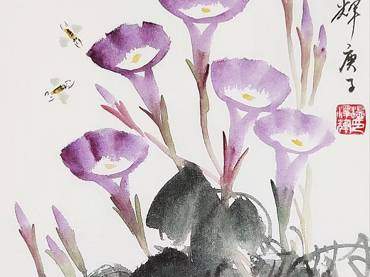 温泽辉水墨画《牵牛花》