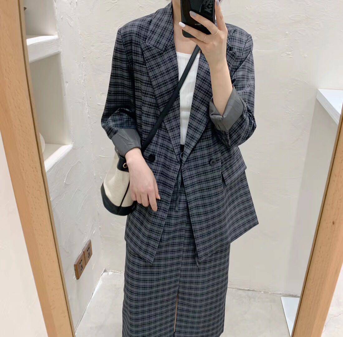 韩国定制款复古格子西装外套女春网红套装chic小西服英伦风