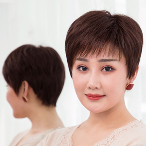 中老年假发女短发真人发丝妈妈短发真发自然时尚发套全头套式发型