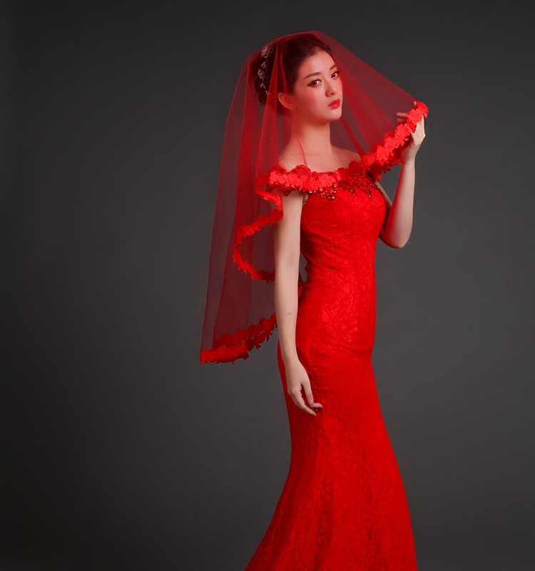 头纱新款2018新娘结婚红色头饰盖头婚纱礼服敬酒头纱