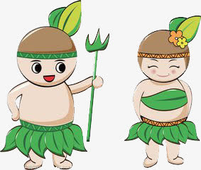 原始卡通人绿叶子衣服耙子