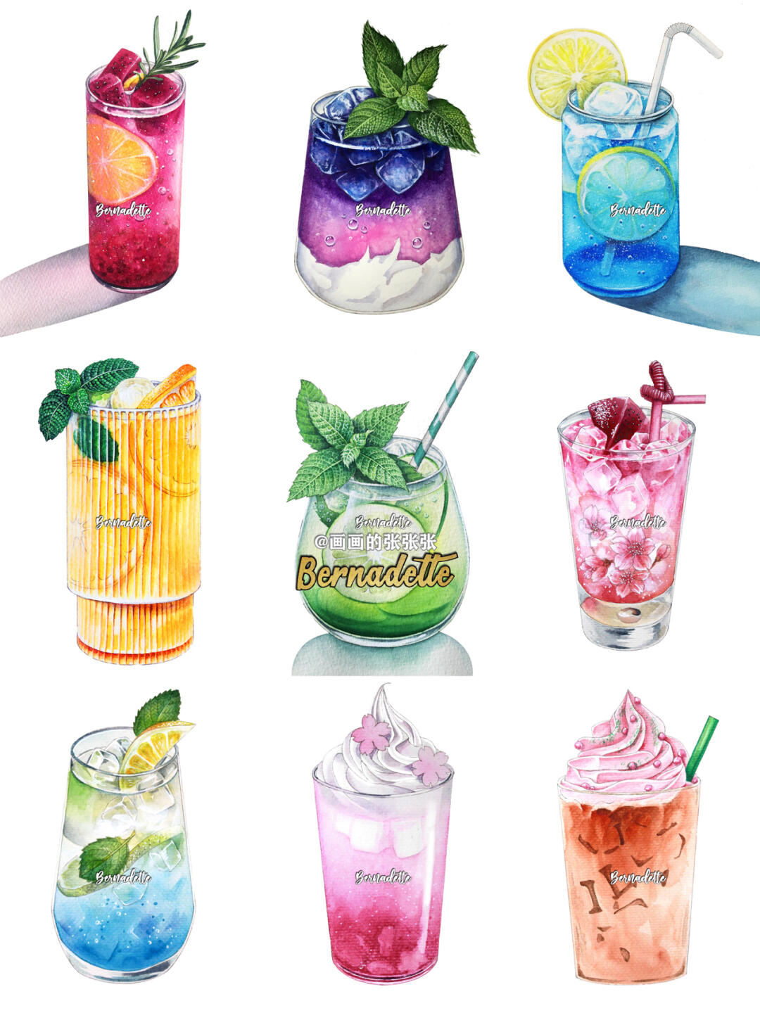 原创水彩美食插画夏天饮料合集附线稿